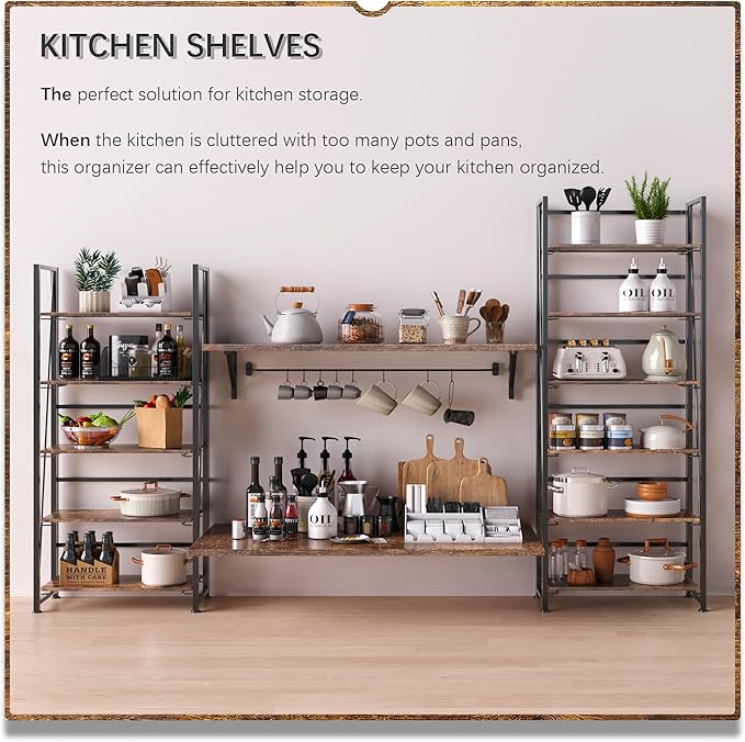 4NM No Assembly Foldable Bookshelf, 6-Shelf Collapsible Bookcase Storage for Small Spaces, 74" H, Rustic Brown and Black-CasaMuseHome