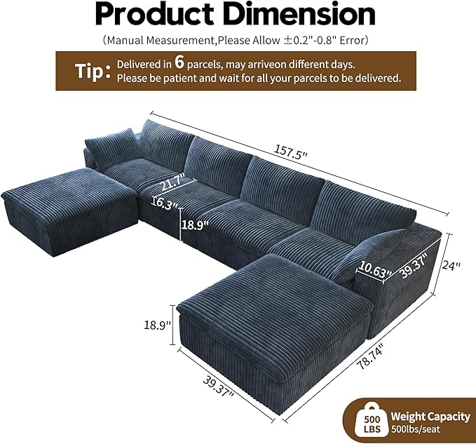 157.5" U Shaped Modern Sofa Modular Sectional Cloud Couch with 2 Ottoman,Deep Seat Upholstered Couches with Corduroy Fabric for Living Room Furniture,Bedroom and Apartment,No Assembly Required,Blue-CasaMuseHome