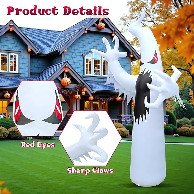 12FT Halloween Inflatables Giant White Ghost, Halloween Inflatable Outdoor Decoration, LED Colored Lights, Scary Red Eyes, Devil Claws, for Indoor and Outdoor Halloween Blow Ups Party Decorations-CasaMuseHome