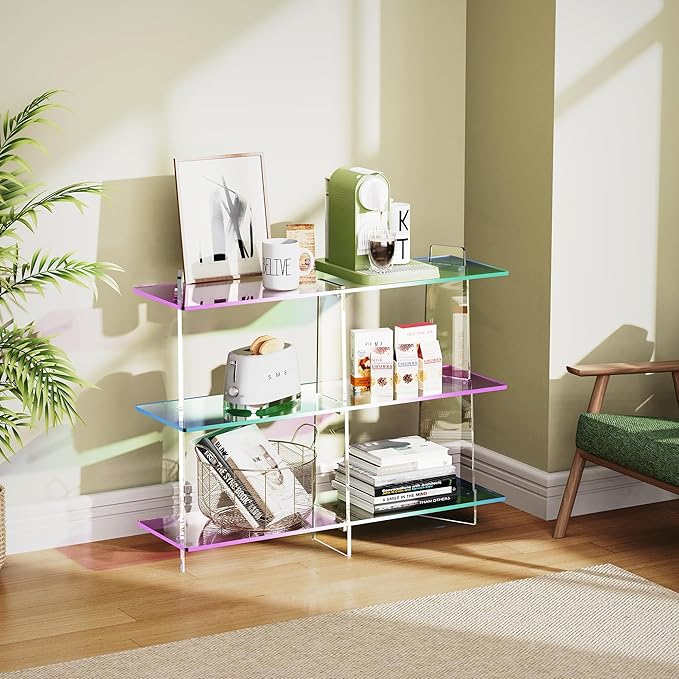 Acrylic Bookshelf, Small 3 Tier Open Bookcase for Small Spaces,Sofa Table, Hallway Entry Table for Home Living Room (Iridescent, 39.4" x 11.8" x 31.5)-CasaMuseHome