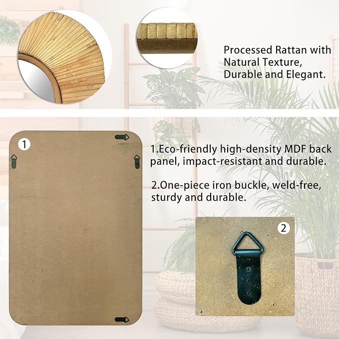 24x36 inch Rattan Rectangular Mirror for Wall, Bohemia Bathroom/Farmhouse Boho Mirrors, Vanity Irragular Decorative Mirror, Suitable for, Nursery, Bedroom, Living Room, Home Decoration-CasaMuseHome