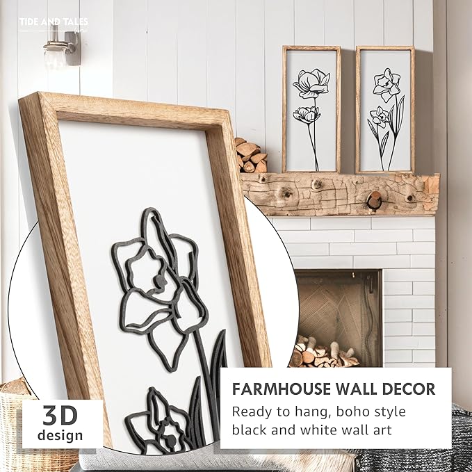 3D Black and White Wall Art (Set of 2) Lightweight, Wooden Ready-to-Hang Framed Floral Wall Art for Bathroom, Bedroom, Living Room or Office – Boho Botanical Farmhouse Decor – Gift-Boxed-CasaMuseHome