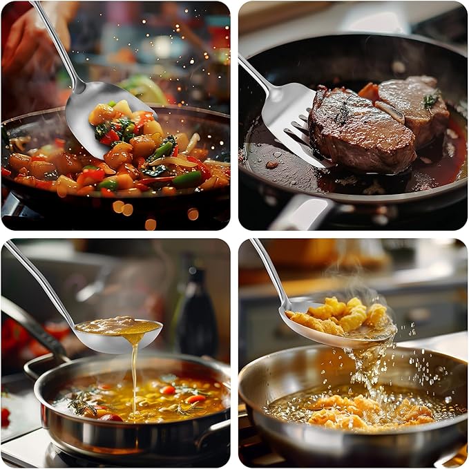 15" Wok Spatula and Ladle,Skimmer Spoon, Slotted Turner Spatula,304 Stainlss Steel Matte Kitchen Utensils Set,4PCS Wok Accessories,Cooking Utensils Tools-CasaMuseHome