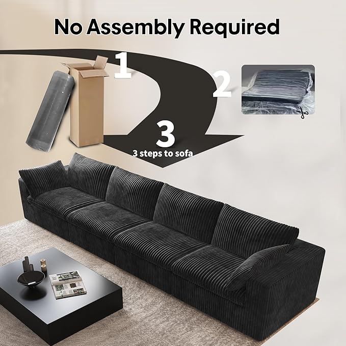 157.5" 4-Seater Cloud Sofa,Modular Sectional Couch,Modern Deep Seat Upholstered Couches with Plush Corduroy Fabric for Living Room Furniture,Bedroom and Apartment,No Assembly Required,Black-CasaMuseHome