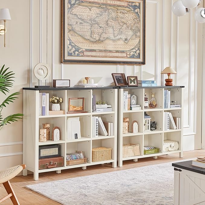 9 Cube Bookcase, Farmhouse 47 Inch Wide White Bookshelf, Wooden 3 Tier Display Large Open Book Shelf, Vintage Horizontal Book Case for Home Office, Cubby Storage Cabinet for Living Room-CasaMuseHome