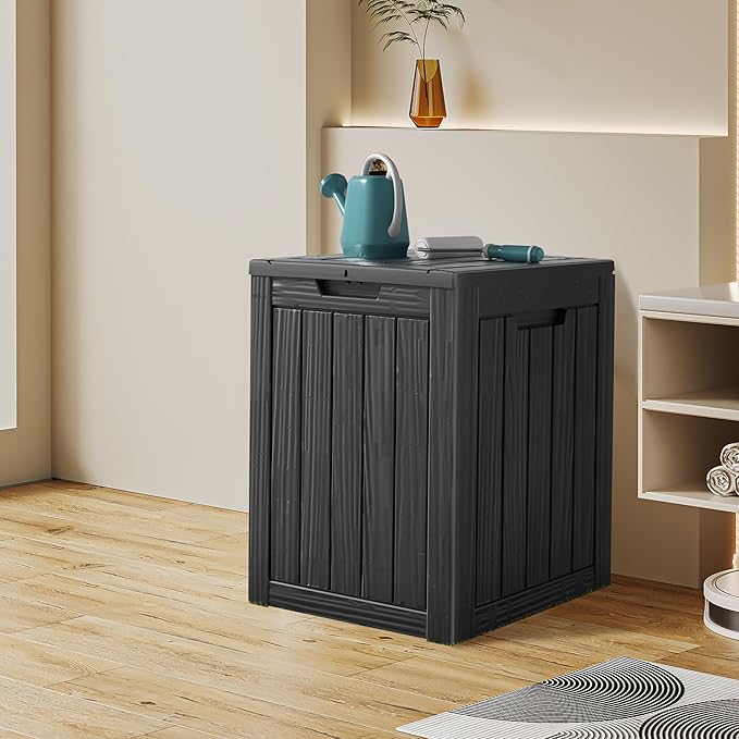 28 Gallon Double-Wall Resin Deck Box - Lockable Waterproof Outdoor Storage Box, 151lbs Capacity & Doubles as Seating for Patio Furniture - Garden Tools, Pool Accessories (Black)-CasaMuseHome