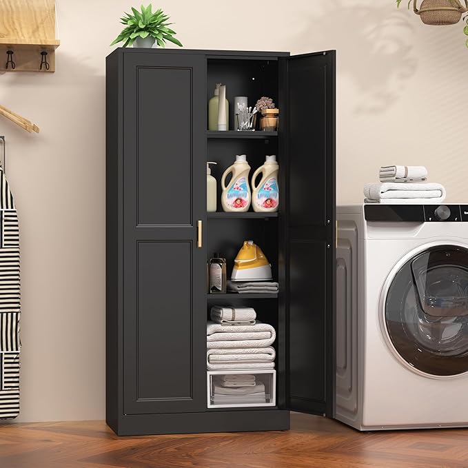 60" Tall Metal Pantry Cabinet, Black Kitchen Pantry Storage Cabinet with Doors and 3 Adjustable Shelves, Cupboard for Kitchen, Dining Room, Living Room, Bathroom-CasaMuseHome