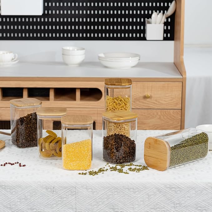 52oz Airtight Glass Square Storage Canister with Bamboo Lid Set of 3 (1550ml) Container Stackable Spice Jar, Kitchen Canister for Flour, Cookies, Cereal and Coffee beans (‎with Black Lable)-CasaMuseHome