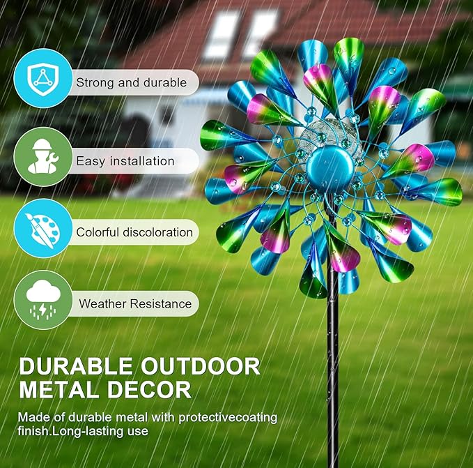 60'' Wind Spinner with Color Glass Ball Solar Lights, Green Peacock Feathers Metal Garden Outdoor Decor Yard Lawn Art Decor for Patio Kinetic Windmills Unique Gifts for Friends and Family-CasaMuseHome