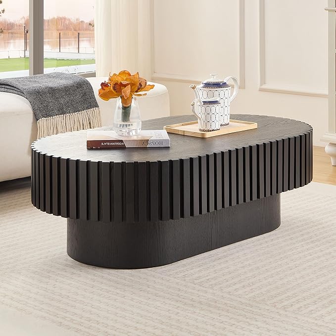 43.7" Oval Coffee Table for Living Room,Modern Handcraft Drum Coffee TableSmall Wooden Coffee Table with Sturdy Pedestal Easy Assembly for Office-Black-CasaMuseHome