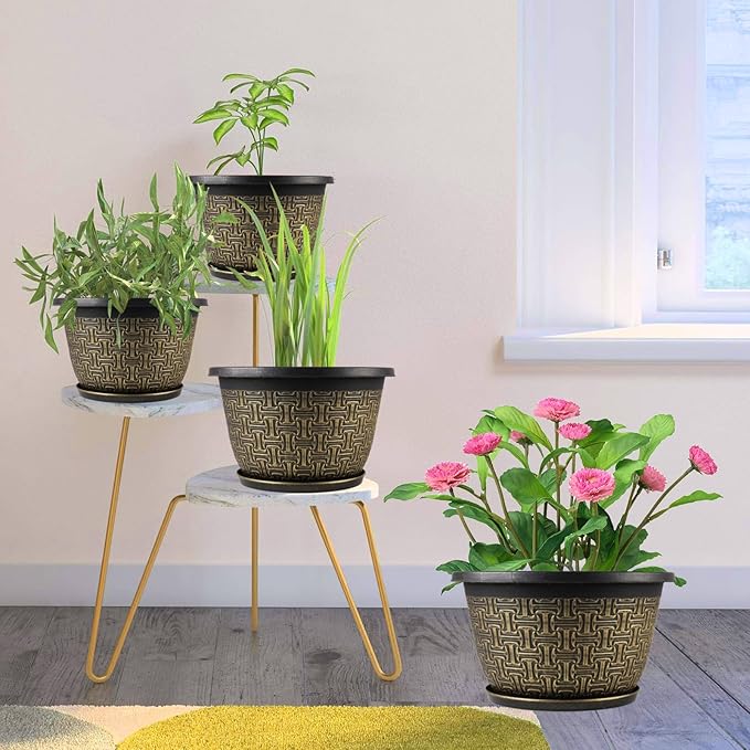 4 Pack 12 Inch Plant Pots,Large-Plant-Flower-Planters-Plastic, Flower Pots Outdoor Indoor with Drainage Holes & Trays, Retro Antique Imitation Decorative Garden Sets for Houseplants-CasaMuseHome