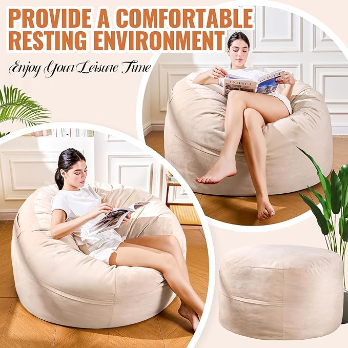 4FT Bean Bag Chair: Bean Bag with Velvet Cover, Fluffy and Comfy Bean Bag Chairs for Adults and Kids, Bean Bag Sofa Filled with High-Density Sponge for Gaming (Yellowish Beige)-CasaMuseHome