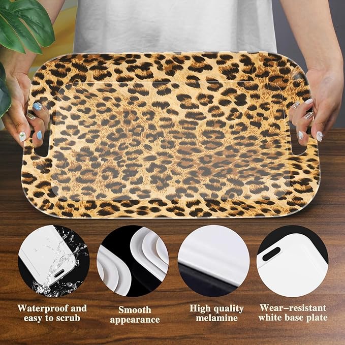 Serving Trays with Handles, 14.5 x 9.8 inch Rectangular Plastic Tray for Restaurant, Kitchen, Brown Leopard-CasaMuseHome