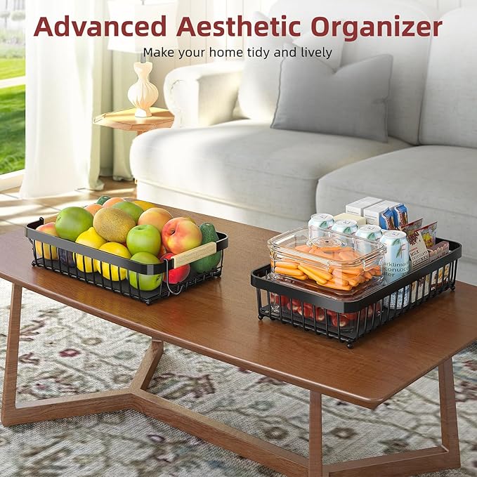 3 Tier Fruit Basket for Kitchen Counter with 2 Mobile Banana Hangers, 2025 Pro Detachable Metal Fruit Bowl with Wooden Handle, Fruit Holder for Bread Snack Veggies with Protective Mats-CasaMuseHome