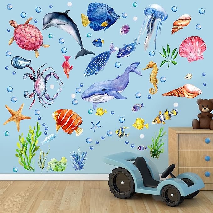 52 Pcs Ocean Fish Wall Decals Glow in The Dark Under The Sea Wall Decals Sea Animals Stickers Removable Waterproof Peel and Stick for Kids Bathroom Watercolor Ocean Decor(Cute Style)-CasaMuseHome