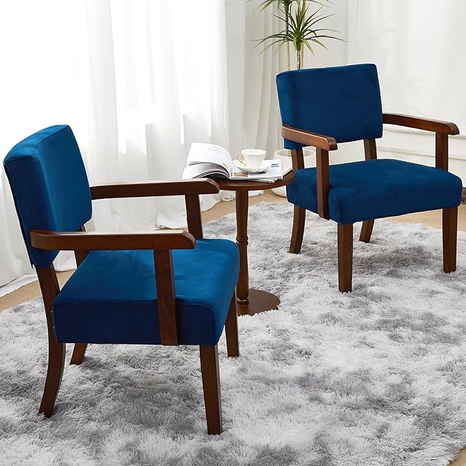 Accent Chair Set of 2 with Table, Living Room Chairs with Velvet Soft Seat & Armrests for Living Room Bedroom Reading Room Waiting Room (Velvet Navy)-CasaMuseHome