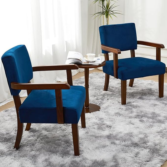Accent Chair Set of 2 with Table, Living Room Chairs with Velvet Soft Seat & Armrests for Living Room Bedroom Reading Room Waiting Room (Velvet Navy)-CasaMuseHome