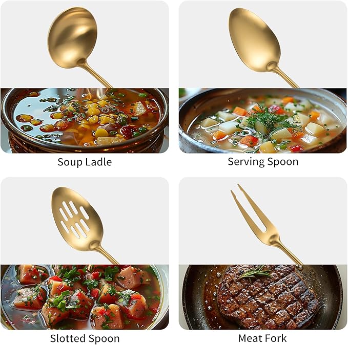 304 Stainlss Steel Matte Kitchen Utensils Set, 11 Pcs Long Metal Cooking Utensil Gadgets Tools Set with Spatula, Spoon, Ladle, Skimmer, Tunner, Pasta Server, Tongs(Gold, Dishwasher Safe)-CasaMuseHome