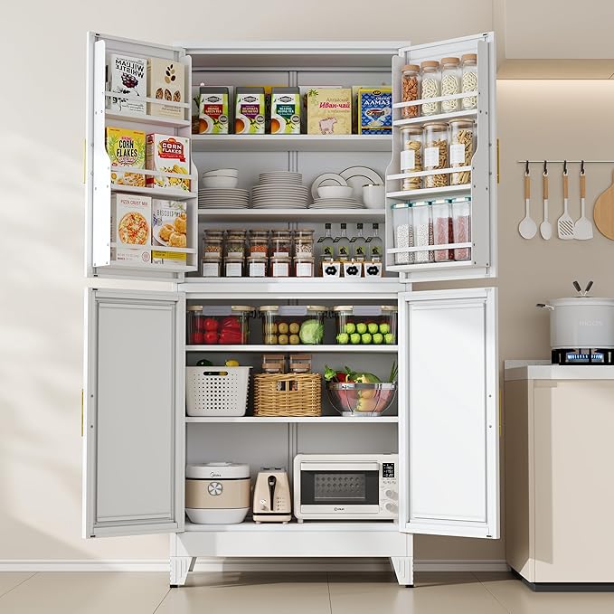 75" H Metal Storage Cabinet, Pantry with 6 Door Shelves and 4 Adjustable Shelves, Leveling Foot for Kitchen, Living Room and Dinning Room, White-CasaMuseHome