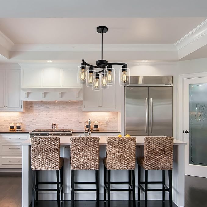 6-Light Modern Farmhouse Black Chandelier, Contemporary Dining Room Light Fixture, Adjustable Height Hanging Industrial Pendant Lights Kitchen Island, Clear Glass Shade-CasaMuseHome