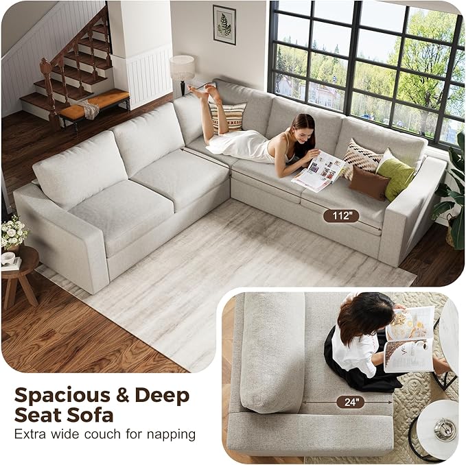 112" L Shaped Sectional Sofa with Detachable Sofa Cover, Reversible Sectional Modular Couch for Living Room, Linen Fabric Corner Couch with 7 Seats, Oatmeal-CasaMuseHome