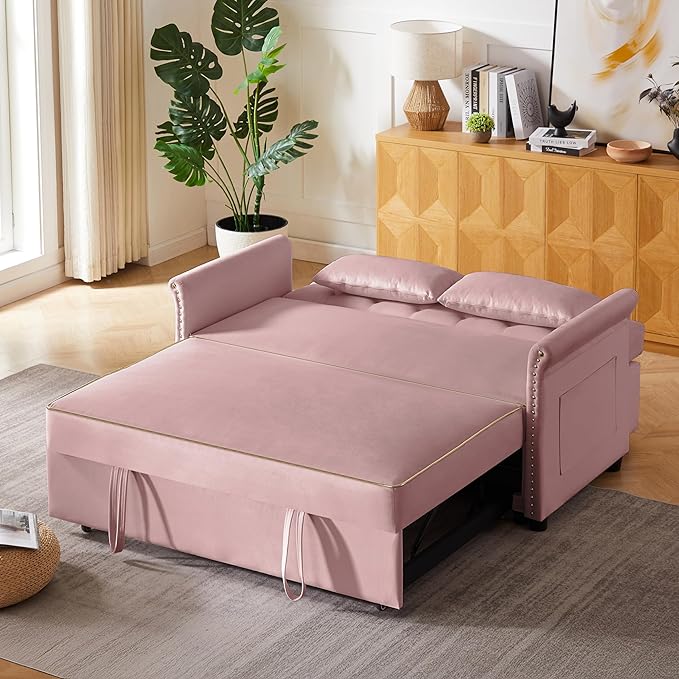 57" Velvet Pull-Out Sofa Bed, 3-in-1 Convertible Loveseat with Gold Trim Strips and Adjustable Backrest, Perfect for Living Rooms, Offices and Apartments (Pink)-CasaMuseHome