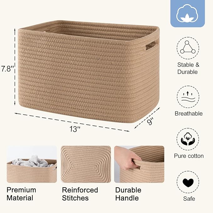 4 Pack Storage Baskets for Organizing, Woven Baskets for Shelves - Perfect for Toys, Books, Towels, and Clothes, Durable Gift Basket Bins Toy Storage, 12.7''L x9''W x7.8''H, Jute-CasaMuseHome