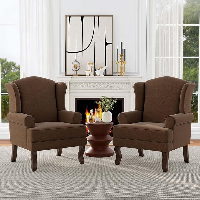 Accent Chair, High Back Upholstered Armchair with High Resilience Sponge & Wood Legs, Mid-Century Modern Comfy Single Sofa Reading Chairs for Living Room, Bedroom (Brown, Set of 2)-CasaMuseHome