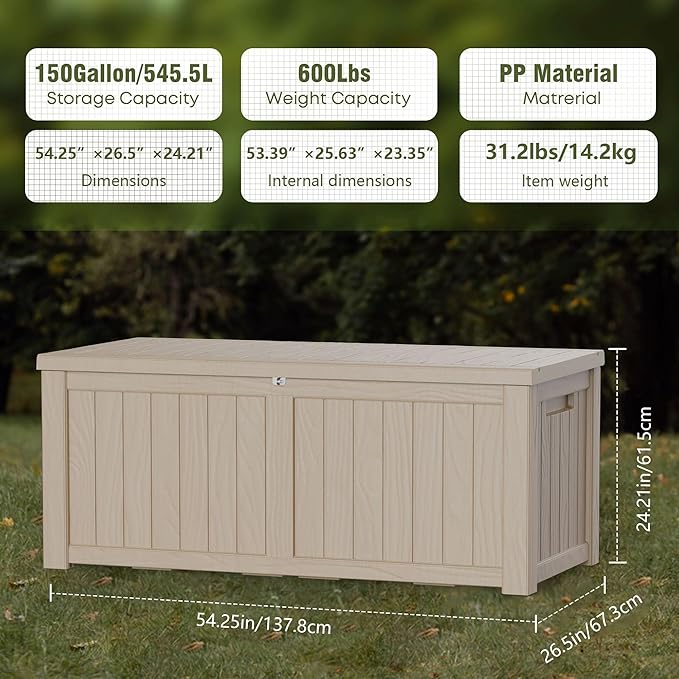 150 Gallon Lockable Resin Deck Box, Waterproof & UV-Resistant Outdoor Storage Box for Outdoor Cushion Storage, Garden Tools & Pool Accessories Storage, Gray-CasaMuseHome