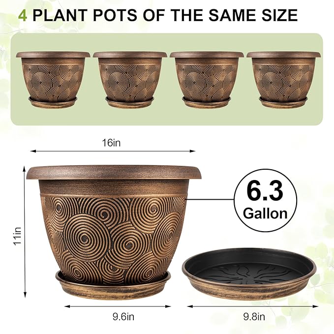16 Inch Large Planter Pot for Plants Indoor Outdoor, 4 Pack Plastic Flower Pots with Drainage Hole & Tray, Modern Decorative Garden Pot with Saucer, Plant Container for House-CasaMuseHome