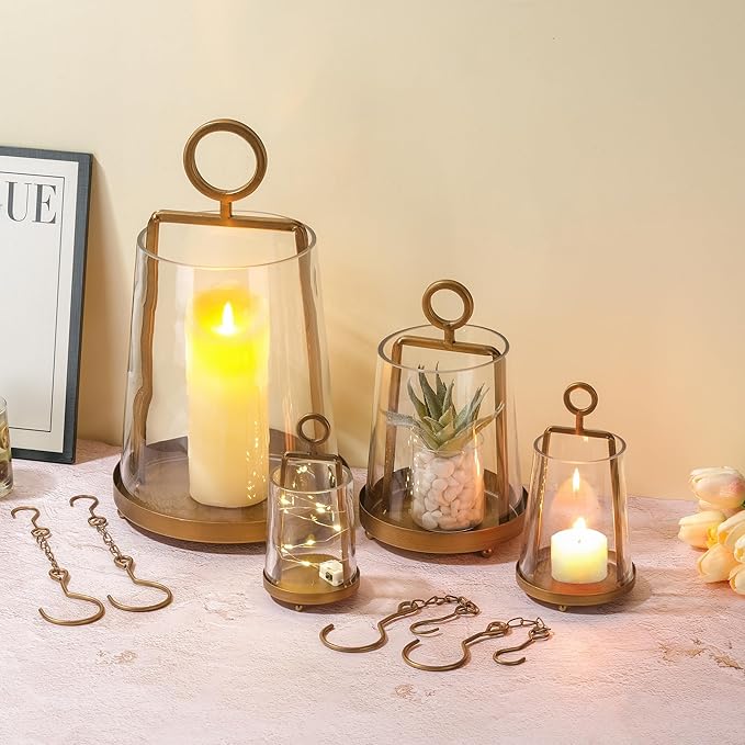 6" Wide Modern Farmhouse Metal Hurricane Candle Holder with Handmade Sturdy Glass Sleeve in Antique Brass for Pillar Candle & Plants, Hurricane Lantern, Industrial, Minimalistic (1, Brass, 6"x10")-CasaMuseHome
