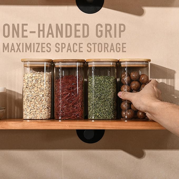 37oz Rectangle Airtight Glass Storage Containers with Bamboo Lids (Set of 6), Square Food Storage Jar, Pantry Organizers for Cereal, Nuts, Snacks and Coffee beans (‎with Black Lable)-CasaMuseHome