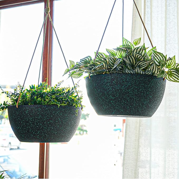 13 Inch 2 Pack Large Hanging Planters for Indoor Outdoor Plants, Plastic Hanging Basket Pots for House Plants Flowers, Black Speckles-CasaMuseHome