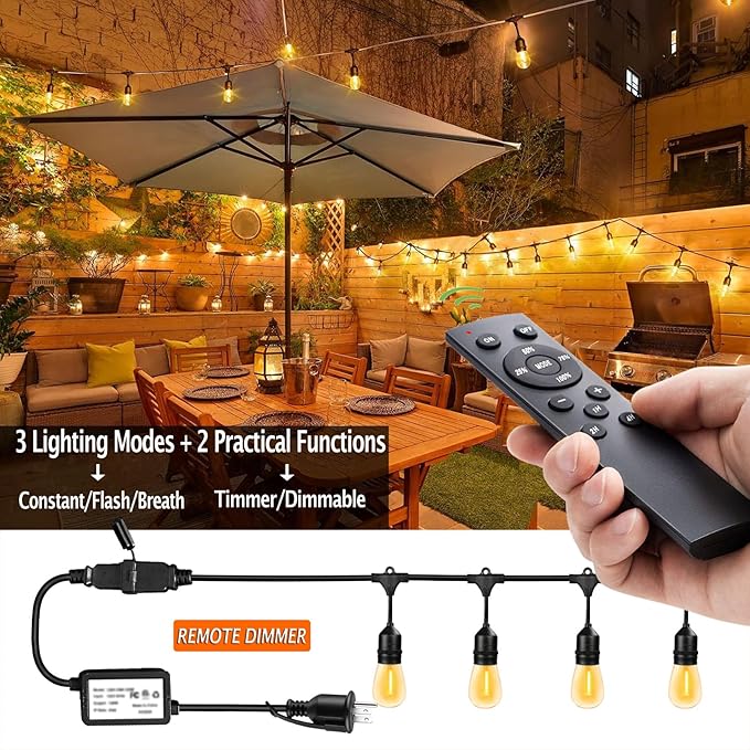 190FT Remote Controlled Outdoor String Lights Patio String Lights for Outside, 60+3 Shatterproof S14 Warm Lights String Outdoor for Bistro Café Gazebo Backyard, Linkable, 2 Pack-CasaMuseHome