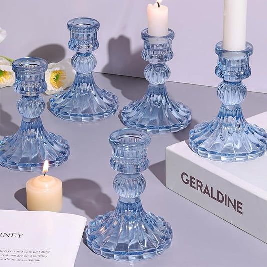 12PCS Blue Candlestick Holders Set- 4" H Taper Candle Holders, Glass Candle Holders Bulk for Wedding, Party, Home Table Centerpieces, Festival Gifts & Windowsill Decor-CasaMuseHome