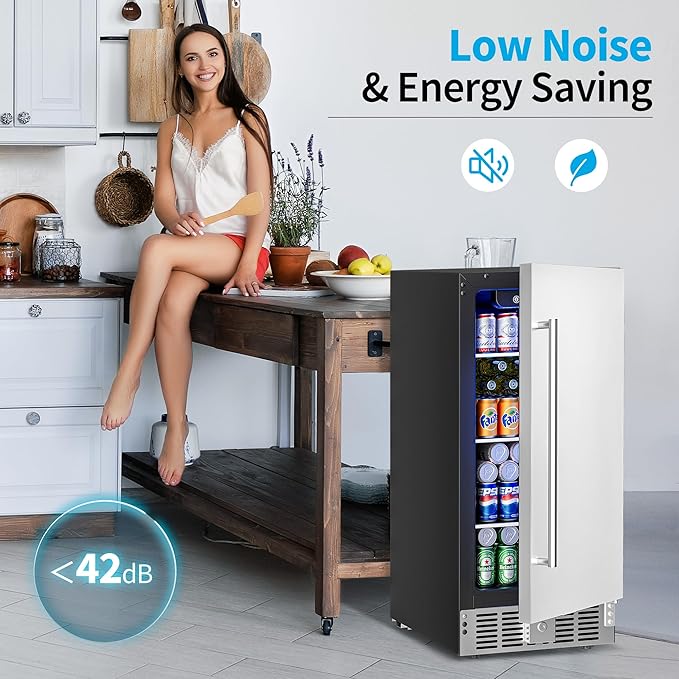 15 Inch Undercounter Beverage Refrigerator - 126 Cans Beverage Fridge with Stainless Steel Door for Beer Wine Soda - Built-in or Freestanding Wine Cooler for Home Kitchen Bar-CasaMuseHome