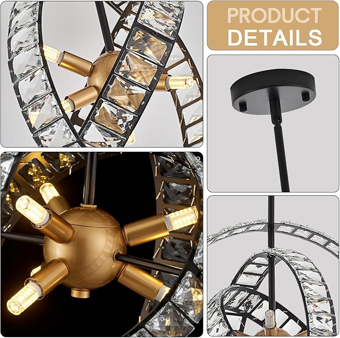 18" Crystal Globe Sputnik Chandelier, 6-Light Black Gold Modern Adjustable Hanging Ceiling Pendant Light Fixture for Entryway Foyer Stairway Bedroom Dining Living Room Hallway-CasaMuseHome
