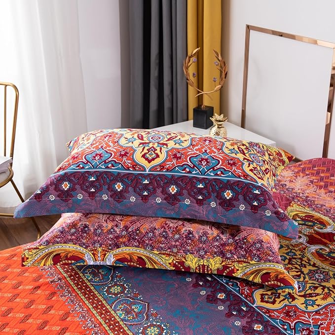 ABREEZE Bohemian Duvet Cover Set Colorful Orange Boho Retro Bedding Set Damask Paisley Cotton Duvet Cover Tribal Reversible Bedding Exotic Style Comforter Cover 3-Piece Twin-CasaMuseHome