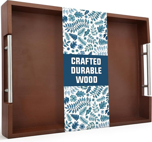 Acacia Wood Serving Tray with Handles - 17" x 13" Rectangular, Decorative Ottoman Tray for Living Room, Coffee Table, Breakfast in Bed, Candle Display-CasaMuseHome