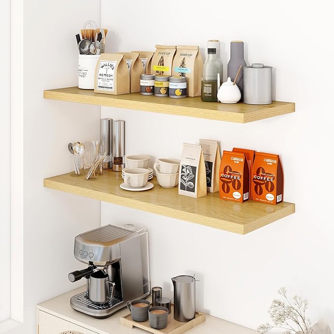 40" Floating Shelves for Wall, 12" Deep Slim Oak Floating Shelves, Wall-Mounted Shelves for Bedroom, Living Room, Kitchen, Bathroom - Set of 2-CasaMuseHome