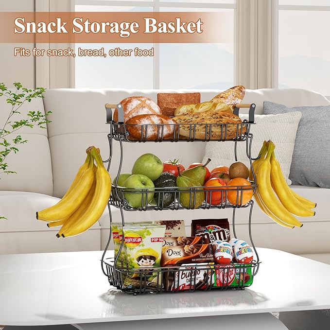 3 Tier Fruit Basket for Kitchen Counter, Fruit Bowl with 2 Banana Hooks Mesh Top, Multifunctional Detachable Sturdy Kitchen Storage Organizer for Vegetables Snacks Onion Potato, Black-CasaMuseHome