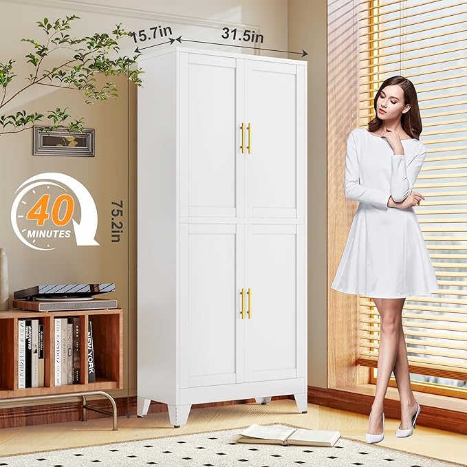 75.2" Tall Metal Pantry Cabinet, Kitchen Pantry Storage Cabinets with 4 Door and 4 Adjustable Shelves, White Storage Cabinet, Freestanding Cupboard for Kitchen Dining Room Living Room Bathroom-CasaMuseHome