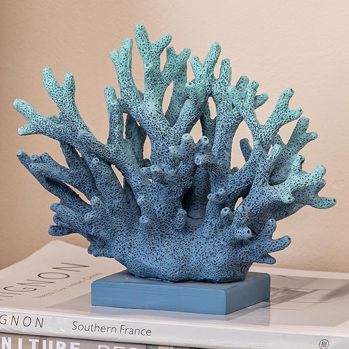 5.8" H Blue Coral Decor, Resin Coral Statue, Nautical Decorations for Home, Beach/Coastal/Ocean Themed Cabinet Shelf Tabletop Decor-CasaMuseHome