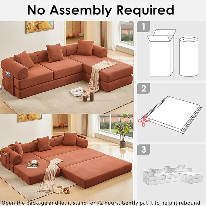 107" Oversized Convertible Sleeper Sofa Bed, Corduroy L Shape Sectional Couch, Folding Sofa Bed with Side Pocket, Modern Cloud Floor Mattress Couch, Modular Sofa for Living Room, Orange-CasaMuseHome