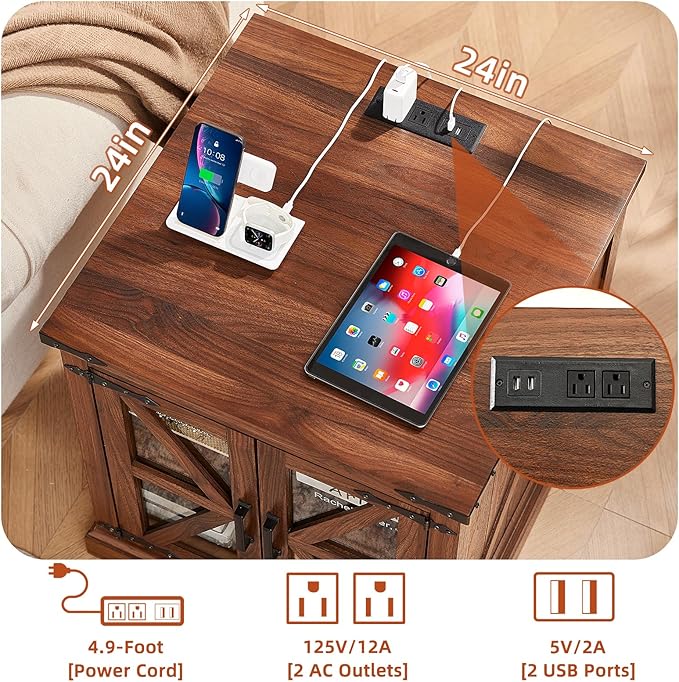 24" End Table Set of 2 with Charging Station, Farmhouse Night Stand with Glass Barn Door, Nightstands with Adjustable Storage Shelf, Large Wood Square Bed Side Table for Living Room,Bedroom-CasaMuseHome
