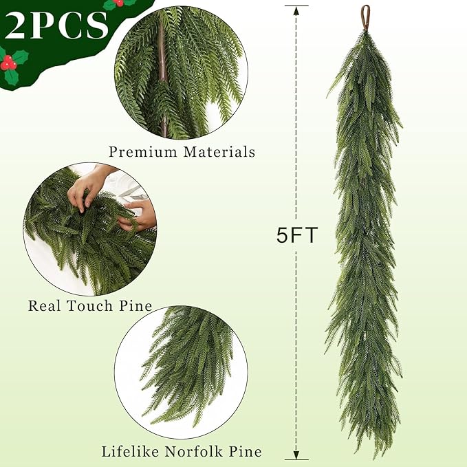 5FT Christmas Norfolk Pine Garland -2PCS, Artificial Pine Needles Garlands Faux Greenery Fake Garland for Holiday Fireplace,Table,Window,Stairs,Mante,Indoor Outdoor Decor-CasaMuseHome