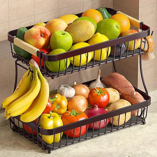 2 Tier Fruit Basket for Kitchen Counter with 2 Banana Hangers, 2025 Pro Detachable Metal Fruit Bowl with Wooden Handle,Fruit Holder for Bread Snack Veggies, Brown-CasaMuseHome