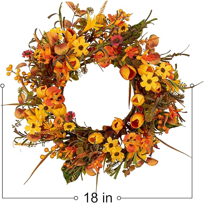 18 Inches Fall Wreaths for Front Door Rustic Autumn Wreath Farmhouse Fall Floral Wreaths with Tulips Phalaenopsis Orange Wildflowers for Wall Window Porch Indoor Outside Decor-CasaMuseHome