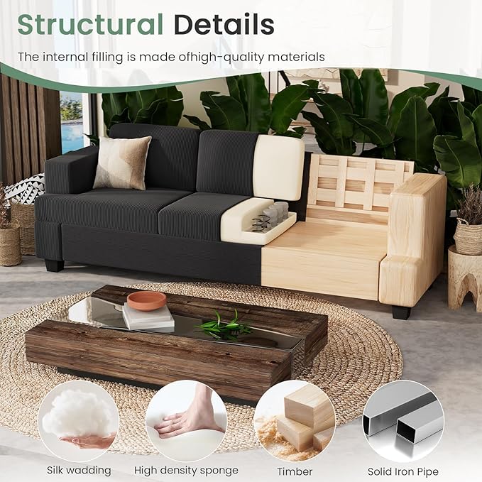 3 Pieces Corduroy Couch Set for Living Room, 8 Seats Cloud Sofa, Deep Seat Floor Couch for Bedroom, Futon Modern Sofa Sectional Bed, Black Corduroy-CasaMuseHome