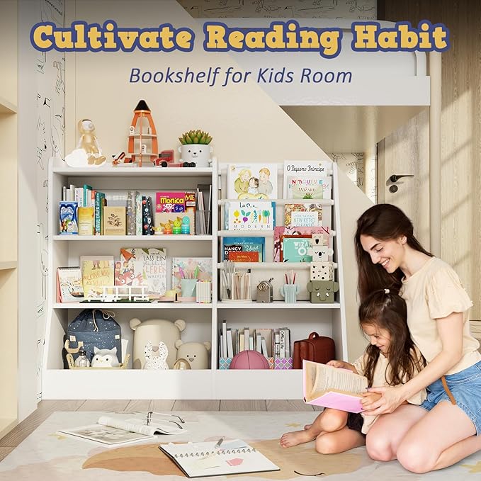 39" Large Kids Wooden Bookshelf and Toy Storage Organizer, Baby Bookcase with Sling Book Rack, Children Toddler Wooden Book Shelf for Kids Rooms, Playroom, Classroom, Nursery, School (White)-CasaMuseHome